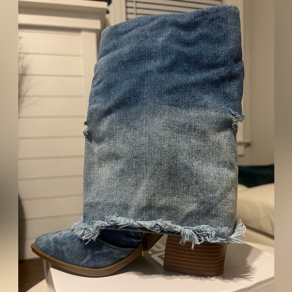 Distressed denim booties  by X2B